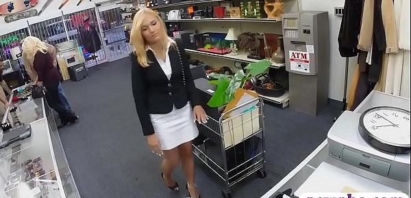  Hot blonde milf railed by pawn keeper in storage room